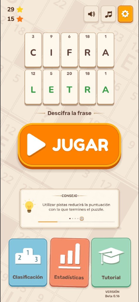 Pantalla inicial de CifraLetra, con el lema Descifra la frase y el botón Jugar.