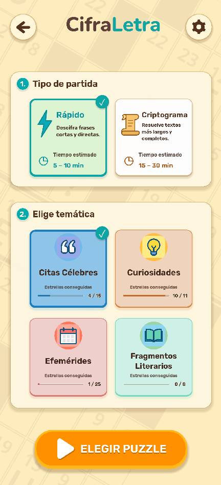 Pantalla de CifraLetra para elegir el tipo de partida y la temática.